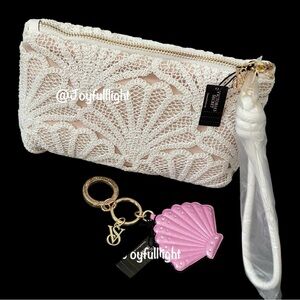 VICTORIA'S SECRET Coconut White Lace Shell Crochet Wristlet Pouch and keychain